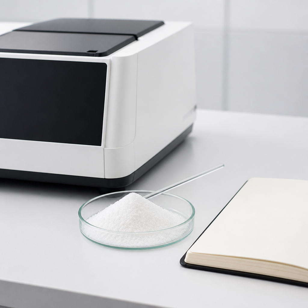 Benchtop analytical instrument with a plain dark blank front panel in a bright quality-control laboratory, beside a small glass dish of fine white crystalline powder with a slim glass stirring rod and a closed notebook with blank pages on a white bench