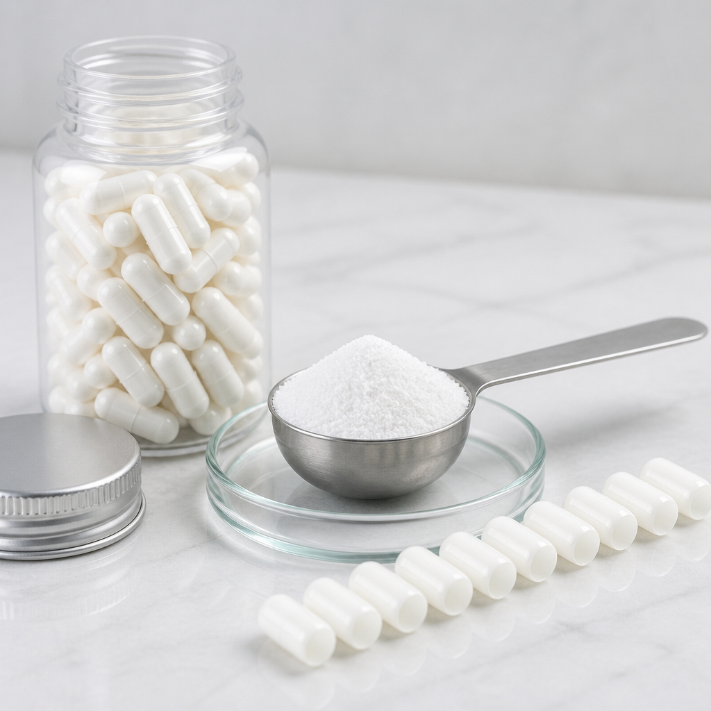 Clear unlabelled glass jar filled with plain white two-piece capsules beside its plain tin cap, with a stainless steel scoop of fine white crystalline powder over a glass dish and a neat row of empty white capsules on a clean light worktop
