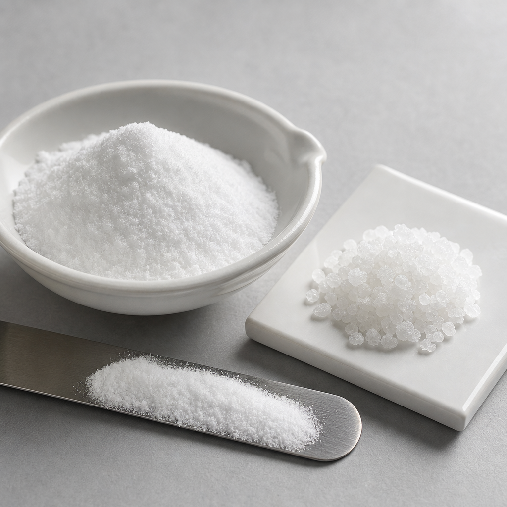 Fine white crystalline S-Carboxymethyl-L-Cysteine powder mounded in a shallow white glazed ceramic evaporating dish, with compact translucent white granular crystal aggregates gathered on a plain white glazed tile and a flat stainless steel scraper holding a band of the powder across the foreground