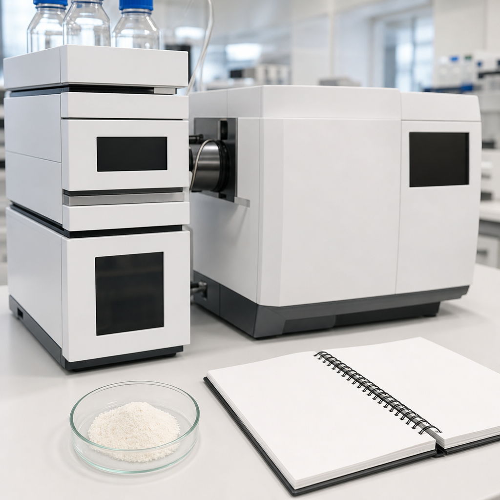 Quality-control laboratory bench with analytical instruments with blank dark screens and blank front panels, a small glass dish of fine off-white to cream powder and a notebook with blank pages