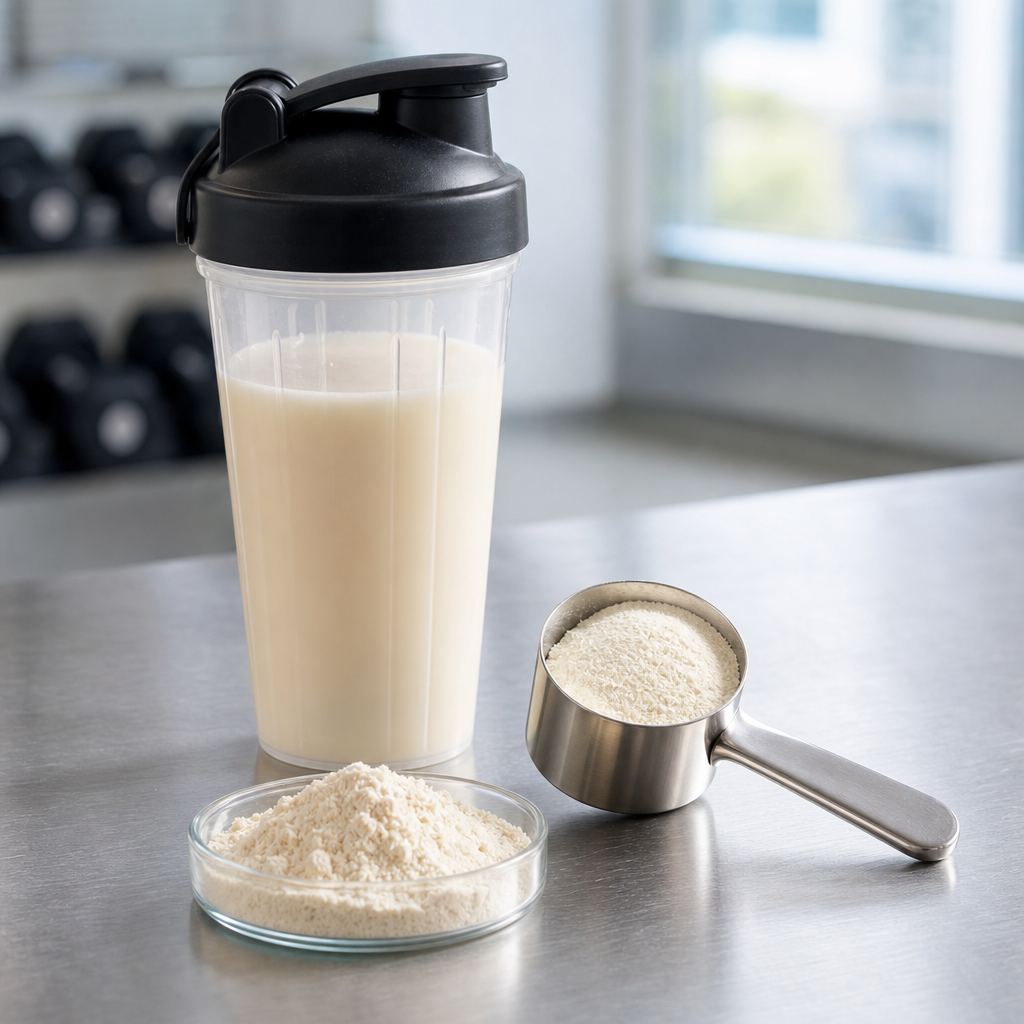 Fine off-white to cream peptide powder in a stainless steel scoop and a small glass dish beside a clear shaker bottle of a prepared sports drink