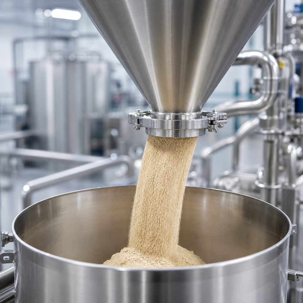 Fine light-tan peptide powder flowing from a stainless steel conical hopper into a stainless steel vessel in an ingredient processing plant