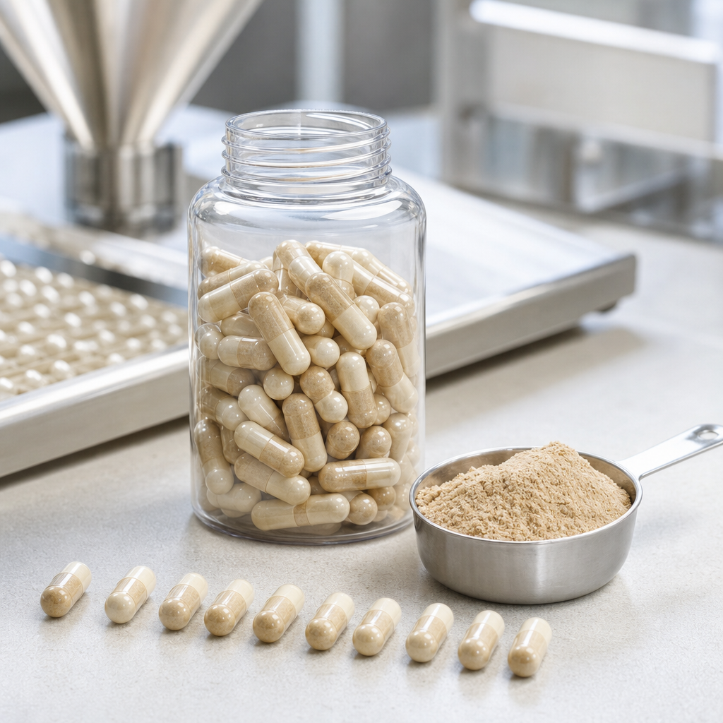 Fine light-tan peptide powder in a stainless steel scoop beside a clear jar filled with two-piece capsules on a clean supplement filling bench