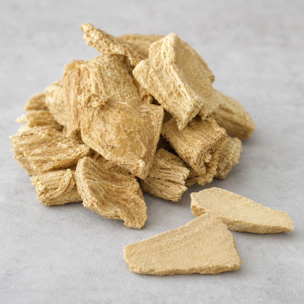 Dried pale-tan, matte and opaque blocky chunks of a dried protein raw material with short broken fibre ends and a dry chalky surface, heaped on a neutral surface