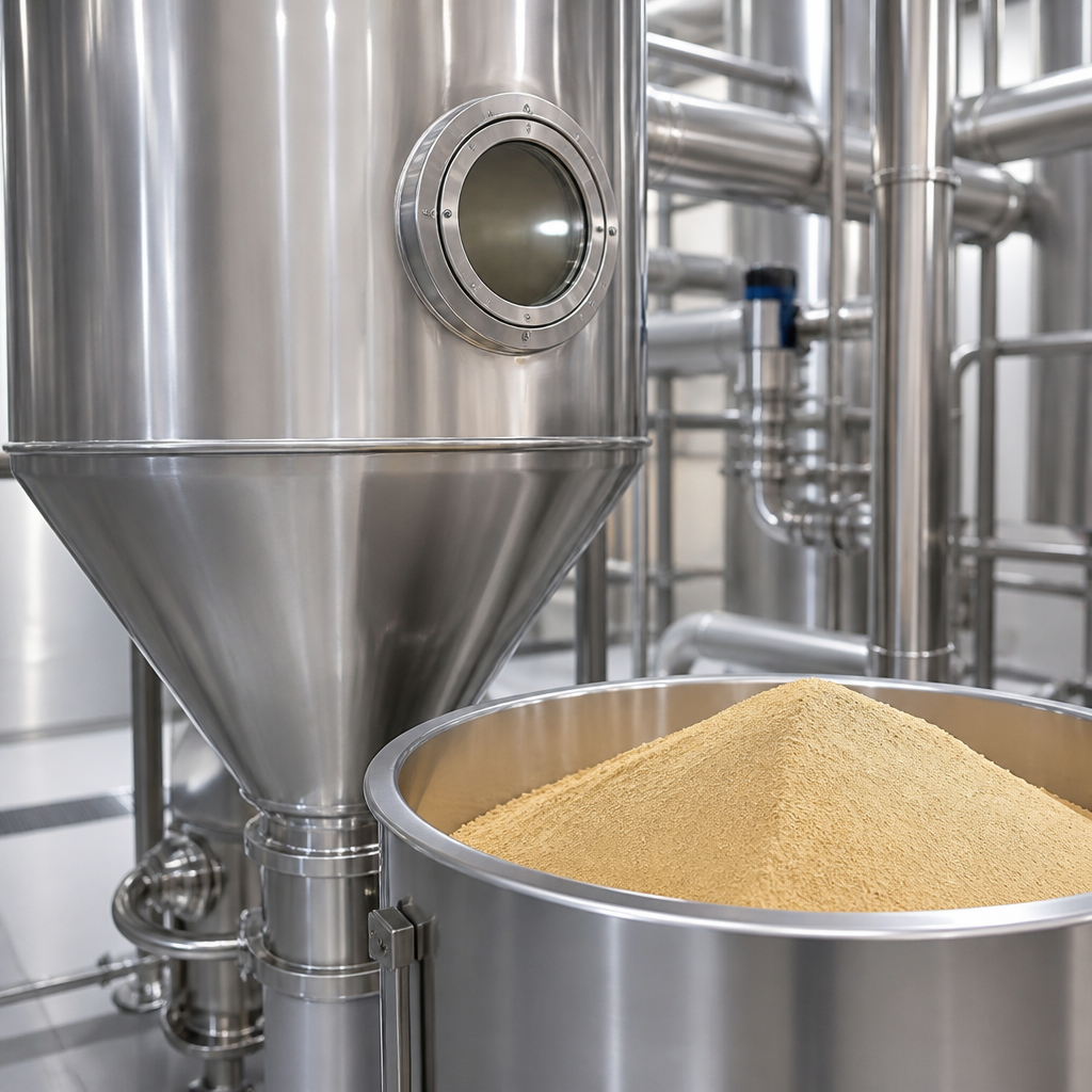 Fine light-yellow to tan soft-shell turtle peptide powder collected in a stainless steel vessel below a spray-drying tower