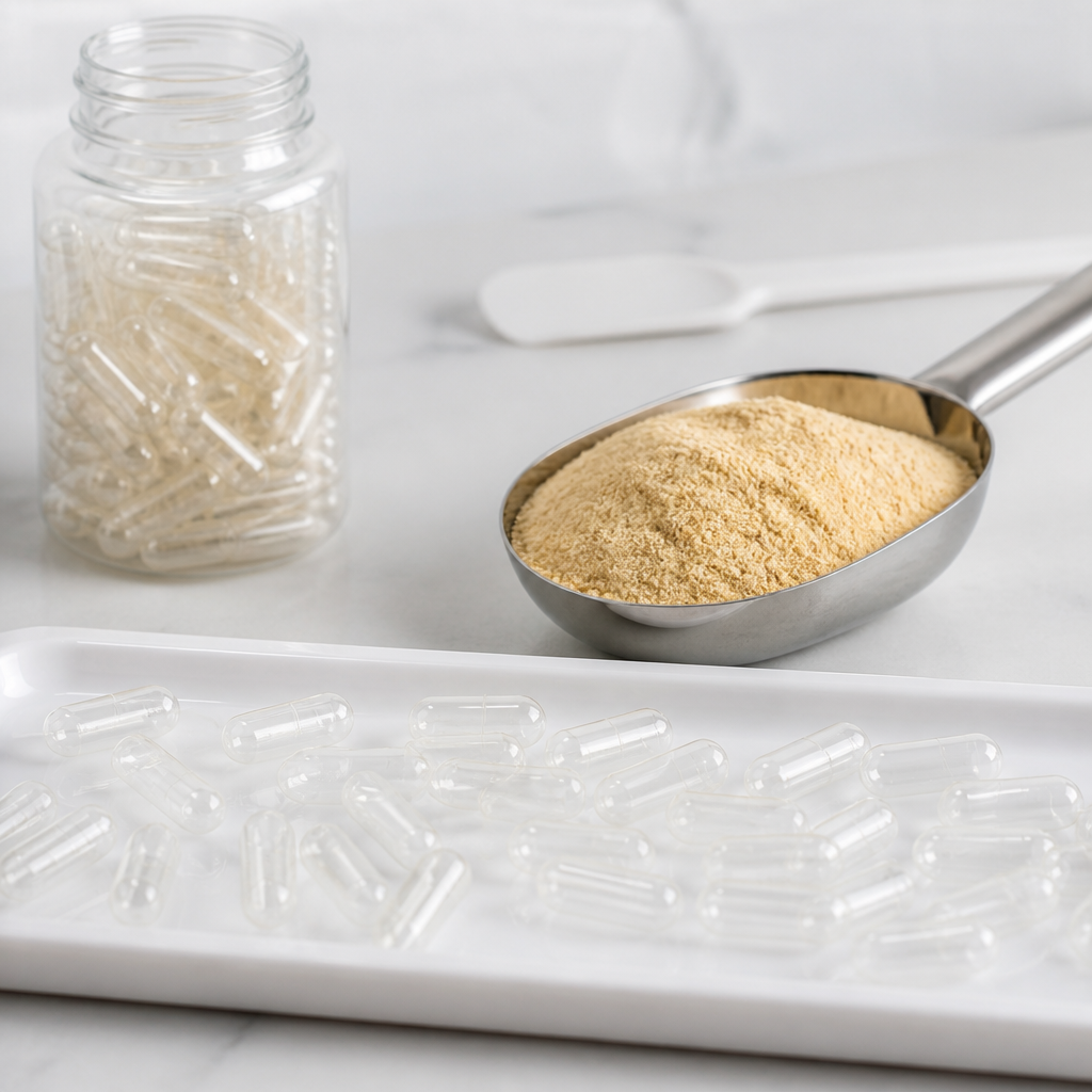 Fine light-yellow to tan soft-shell turtle peptide powder in a stainless steel scoop beside empty two-piece capsules on a filling tray