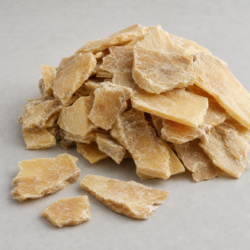 Dried matte pale-beige collagen-rich tissue chips with irregular torn edges beside a small pile of the dried material