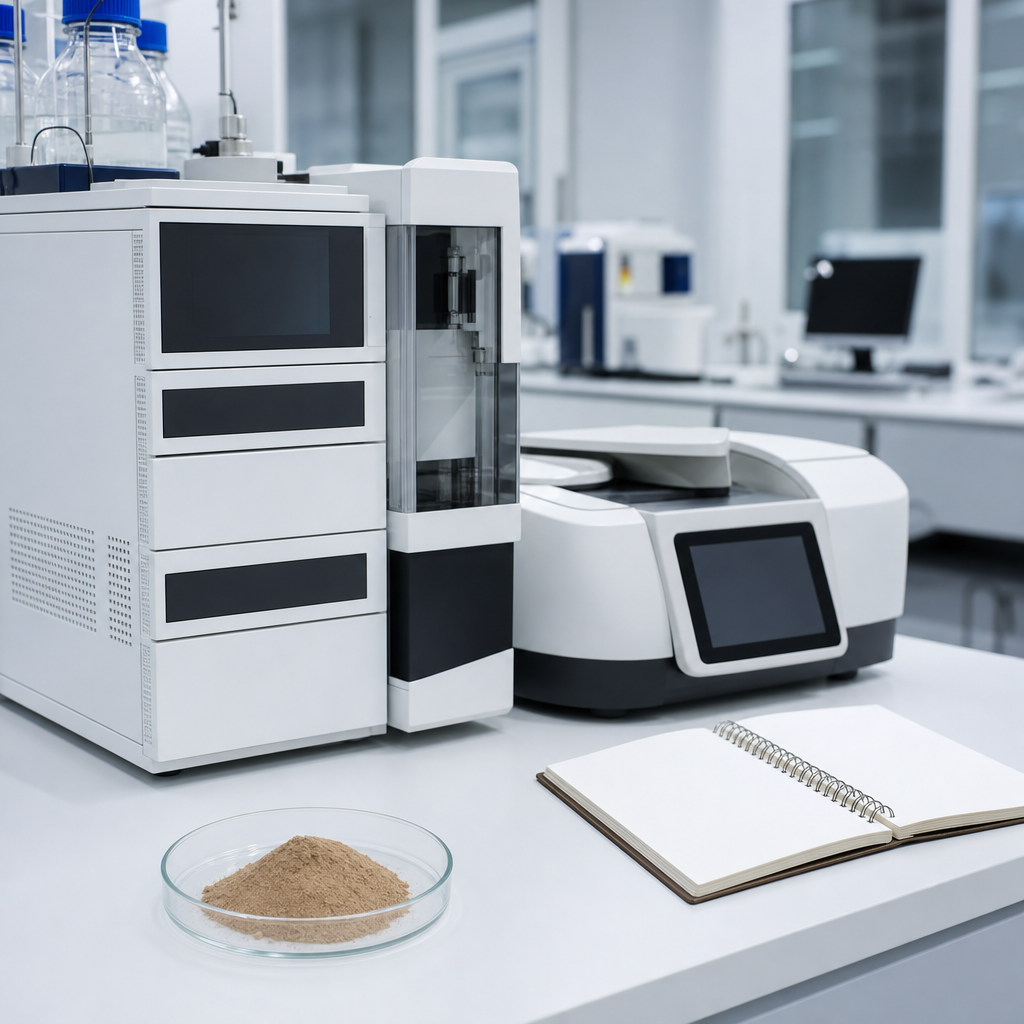 Analytical instruments with blank dark displays on a white laboratory bench beside a small glass dish of fine light-brown sour jujube seed peptide powder and a laboratory notebook with blank pages