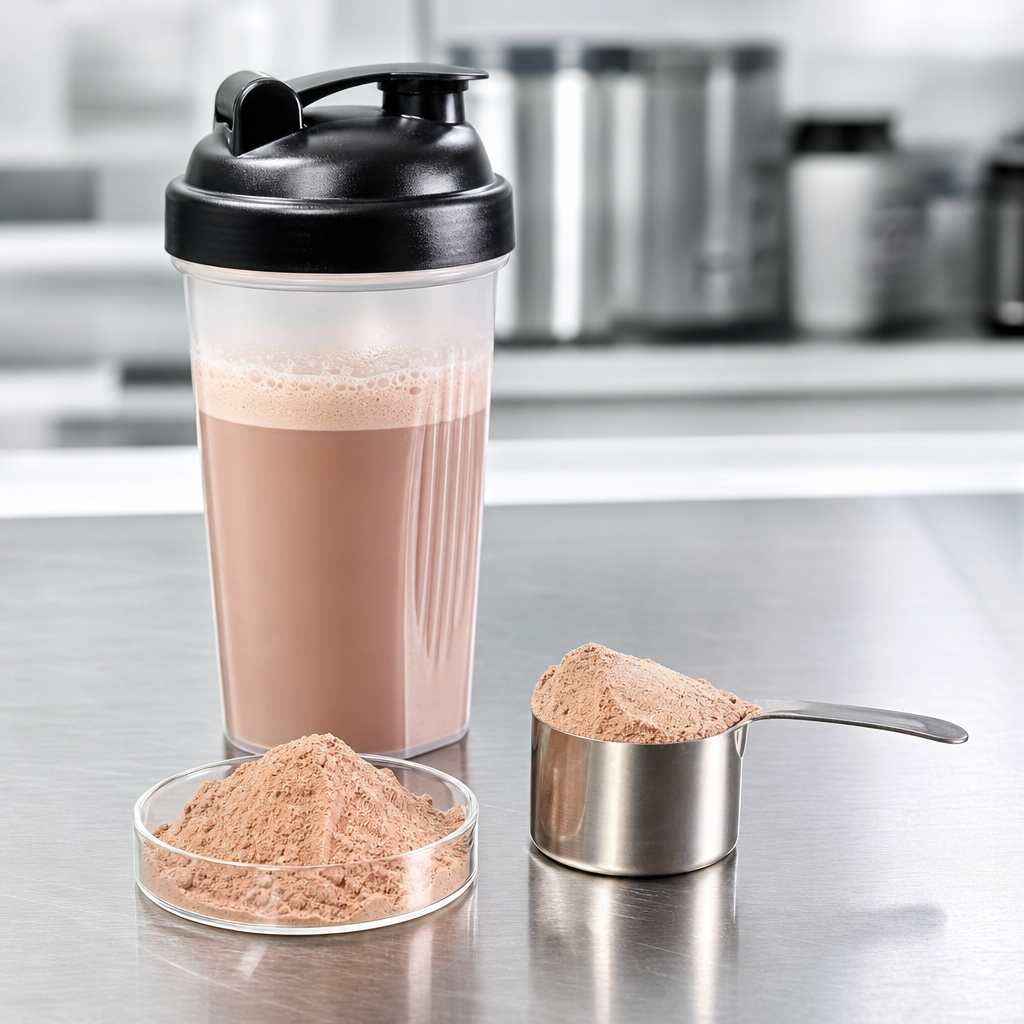 A clear shaker bottle of a protein-style drink beside a stainless steel scoop of fine light-brown sour jujube seed peptide powder and a small glass dish of the powder on a brushed steel worktop