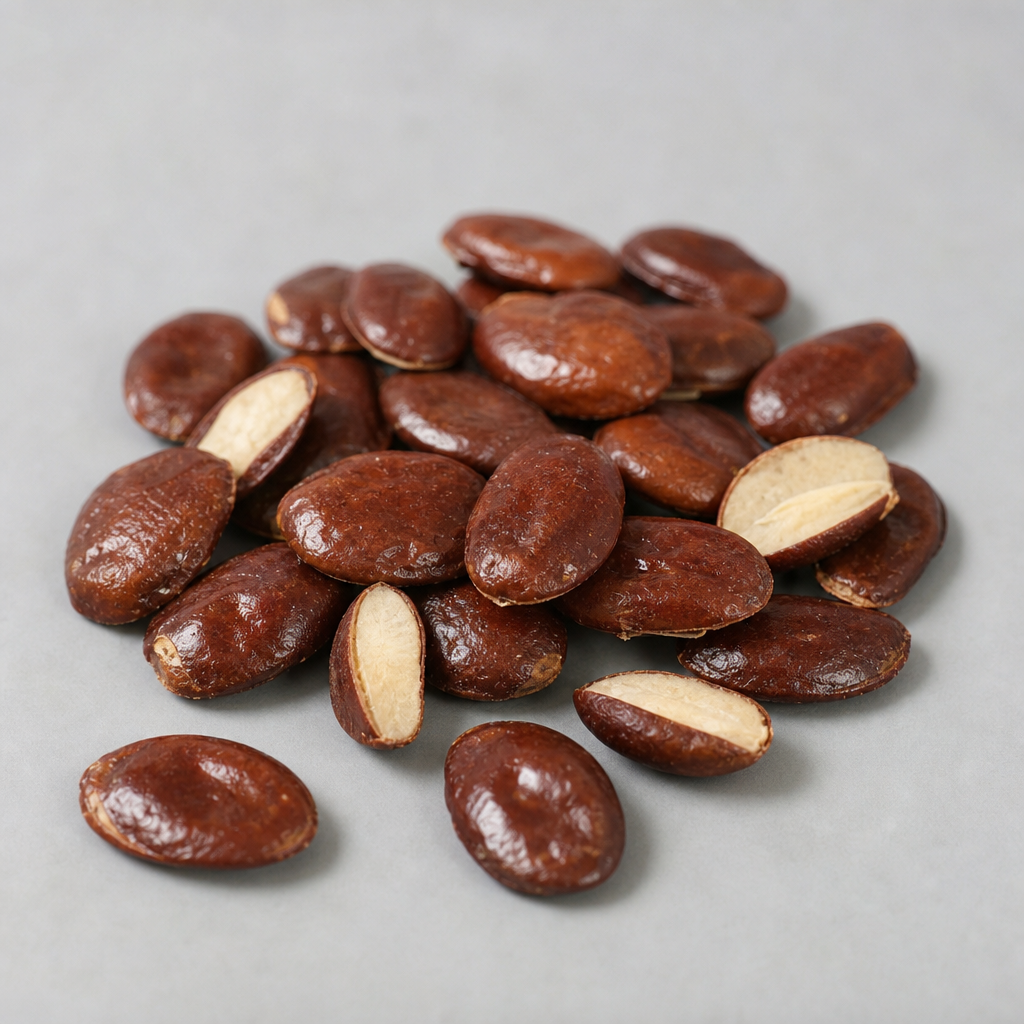 Dried sour jujube seeds (Ziziphus jujuba var. spinosa), flattened oval seeds with glossy reddish-brown to dark-brown seed coats, a few split open to reveal their pale cream kernels, arranged in a neat pile on a neutral light-grey surface