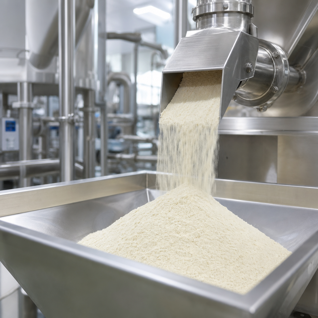 Fine off-white to light-cream soy peptide powder flowing from a stainless steel discharge chute onto a wide stainless steel collection tray in a hygienic processing plant