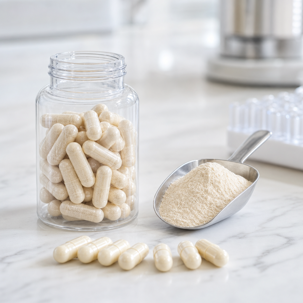 A clear bottle filled with two-piece capsules beside a stainless steel scoop of fine off-white to light-cream soy peptide powder and a row of empty capsules on a clean light worktop