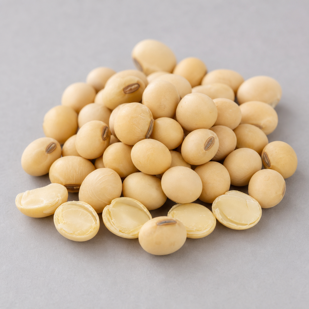 Whole dried soybeans (Glycine max), pale cream oval seeds with smooth matte skins, in a neat pile with a few split open to show the pale interior on a neutral light-grey surface
