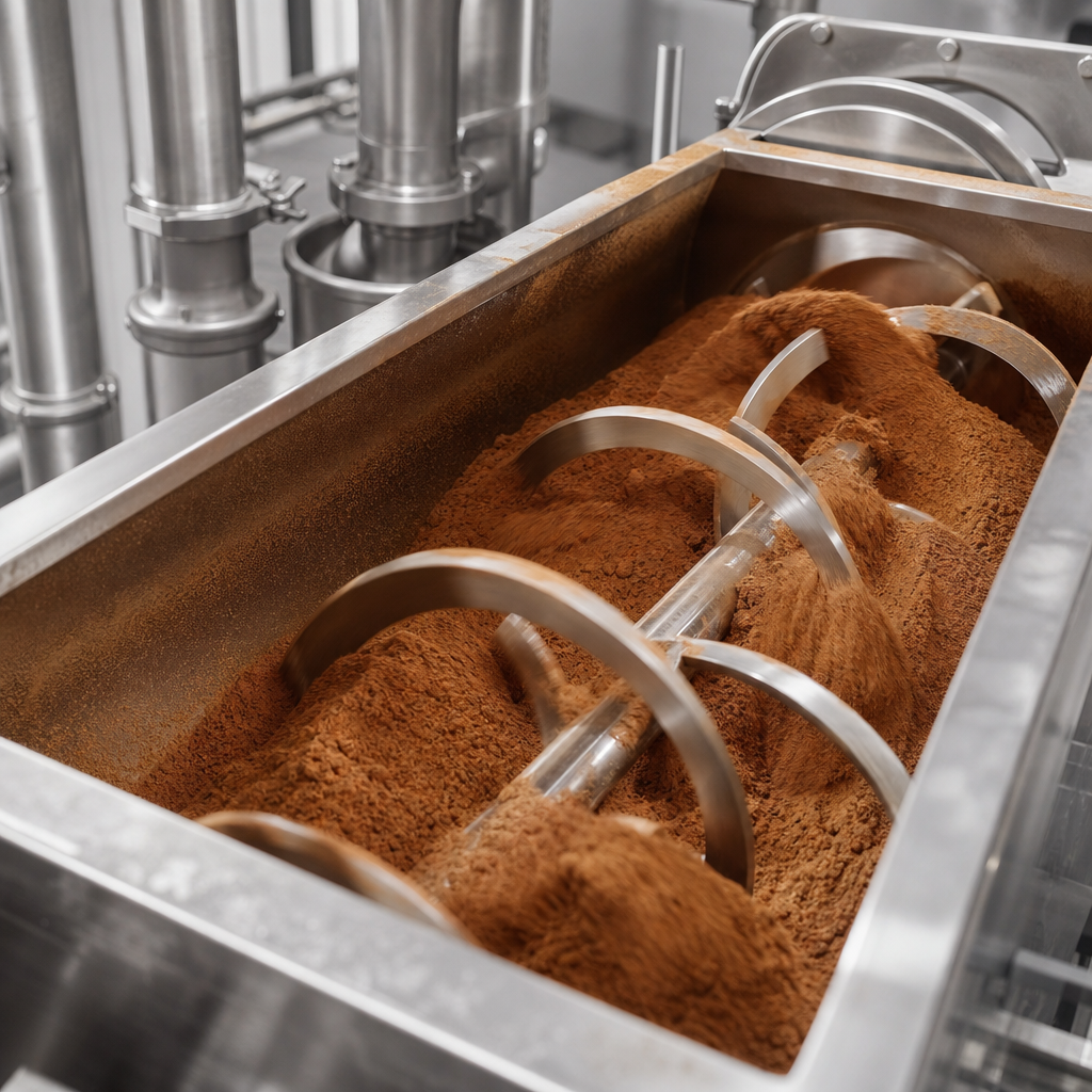 Fine tan to reddish-brown powder swirling through the ribbon agitator of a stainless steel horizontal ribbon blender in an ingredient processing plant
