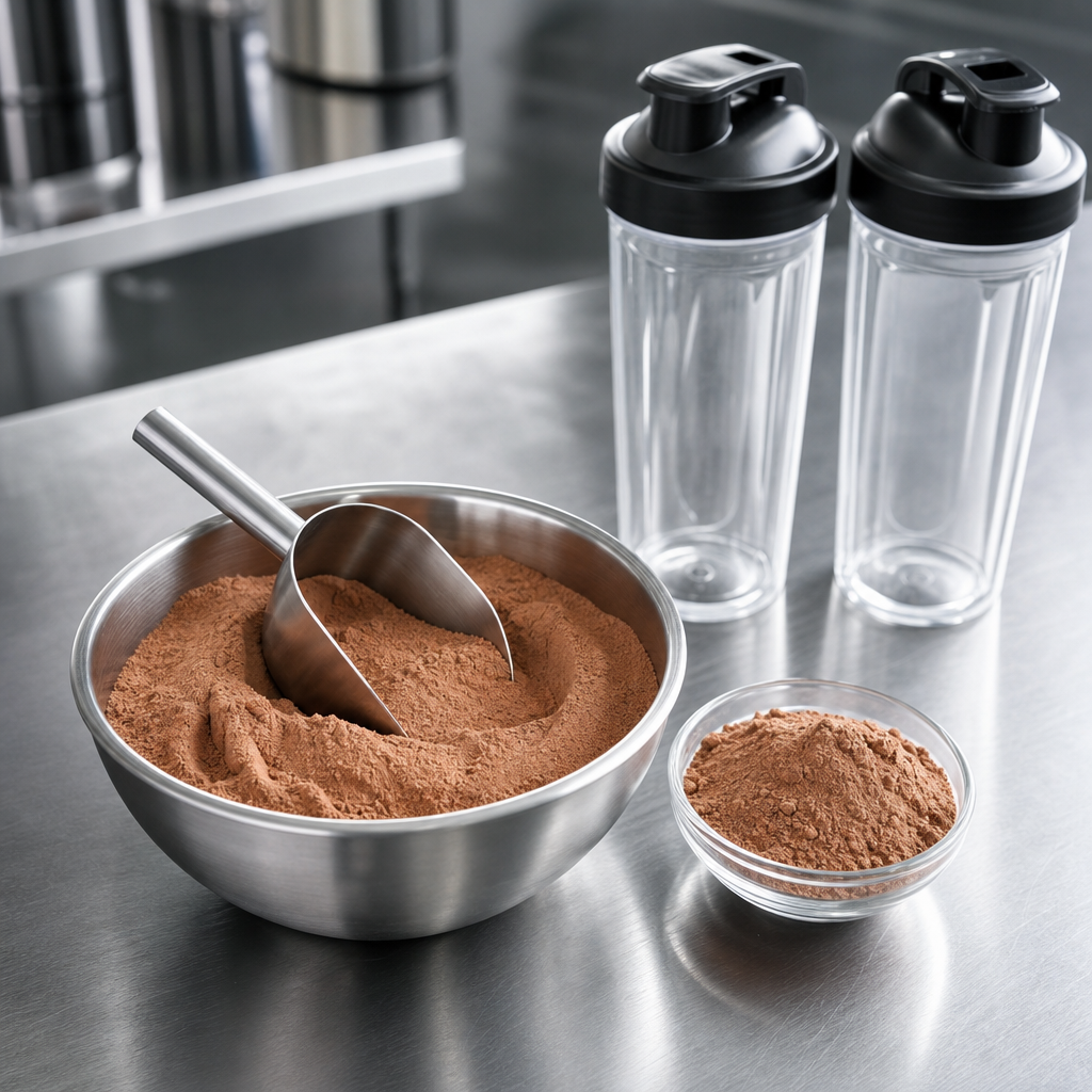A stainless steel scoop resting in an open bowl of fine tan to reddish-brown powder beside a small glass dish of the powder and two clean shaker bottles on a brushed steel worktop