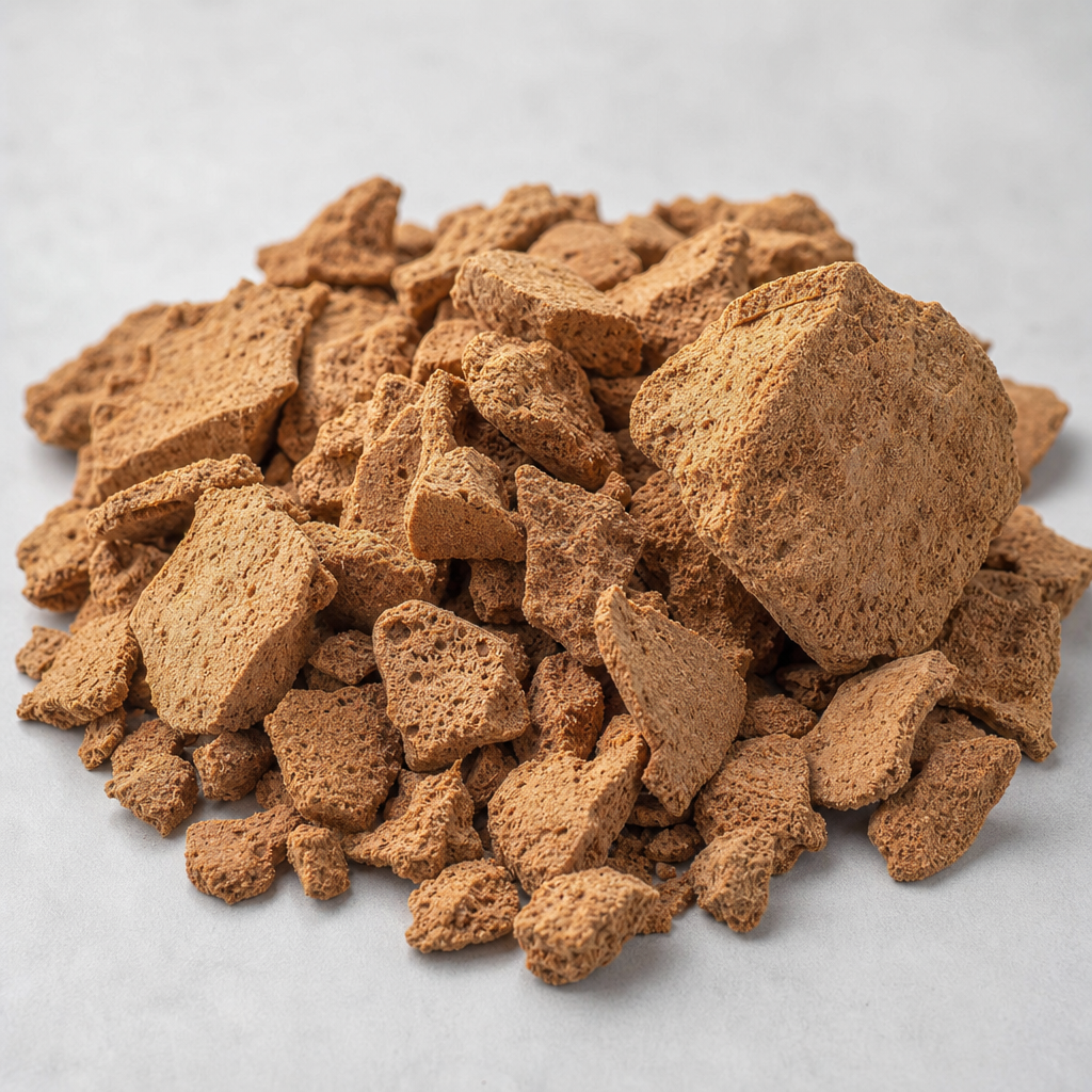 Dried tan to reddish-brown coarse granular chunks of a dried protein raw material with a porous matte dry surface and crumbly broken edges, heaped on a neutral light-grey surface