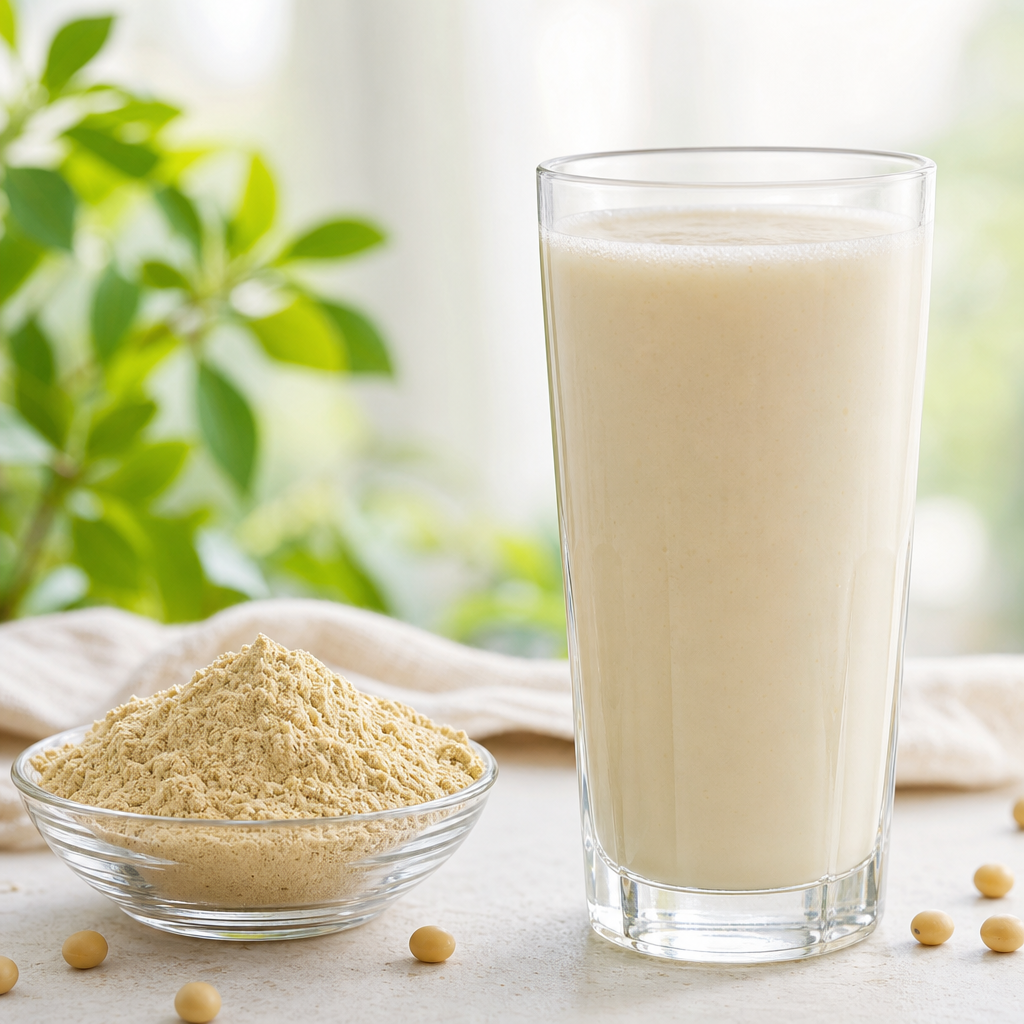 A tall glass of a finished pale beverage made with fine tan powder beside a small glass dish of the powder on a light neutral surface