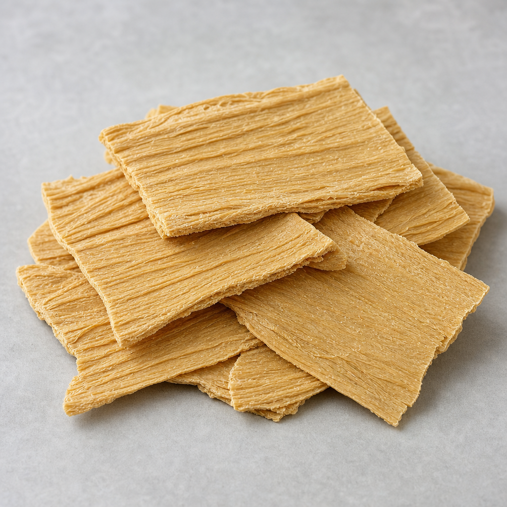 Flat dried pale tan sheet-like pieces of a dried protein raw material with a dense layered structure and fine parallel ridges across the matte dry surface, stacked on a neutral light-grey surface