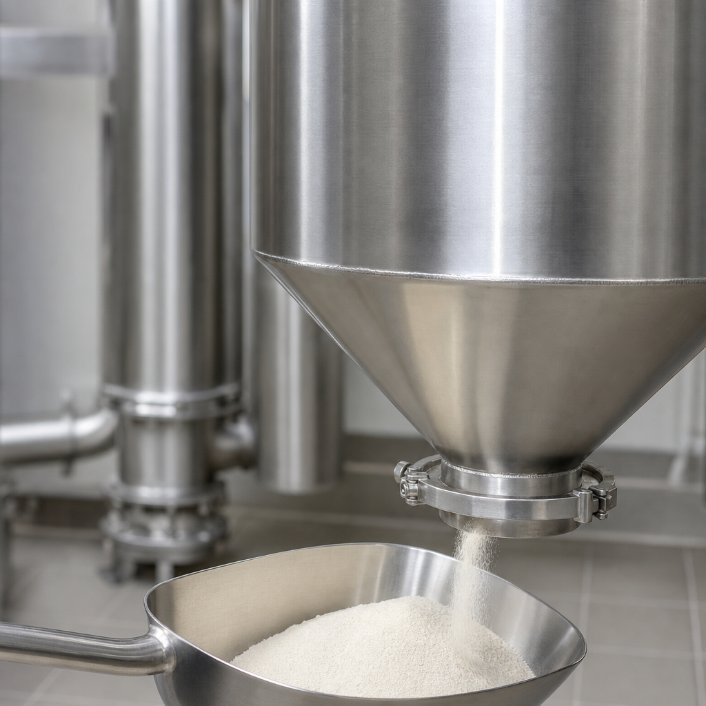 Fine off-white sturgeon bone collagen peptide powder discharging from a stainless steel reactor hopper into a collection scoop