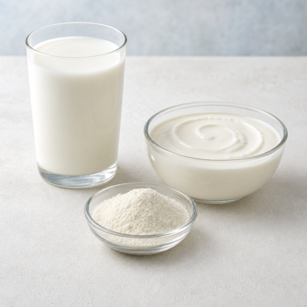 Fine off-white sturgeon bone collagen peptide powder in a glass dish beside a glass of milk-style beverage and a bowl of dairy-style yogurt