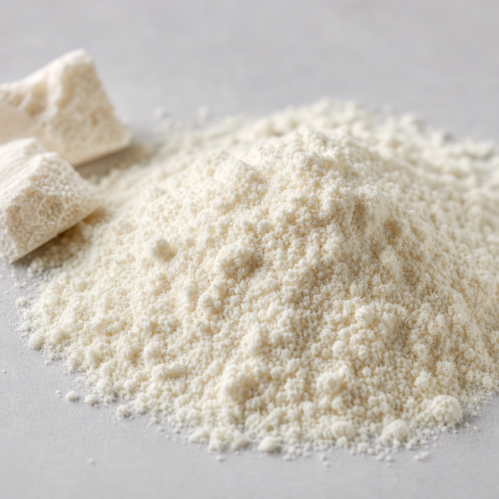 Macro view of a fine off-white sturgeon bone collagen peptide powder heap with small dried brittle fragments at the edge