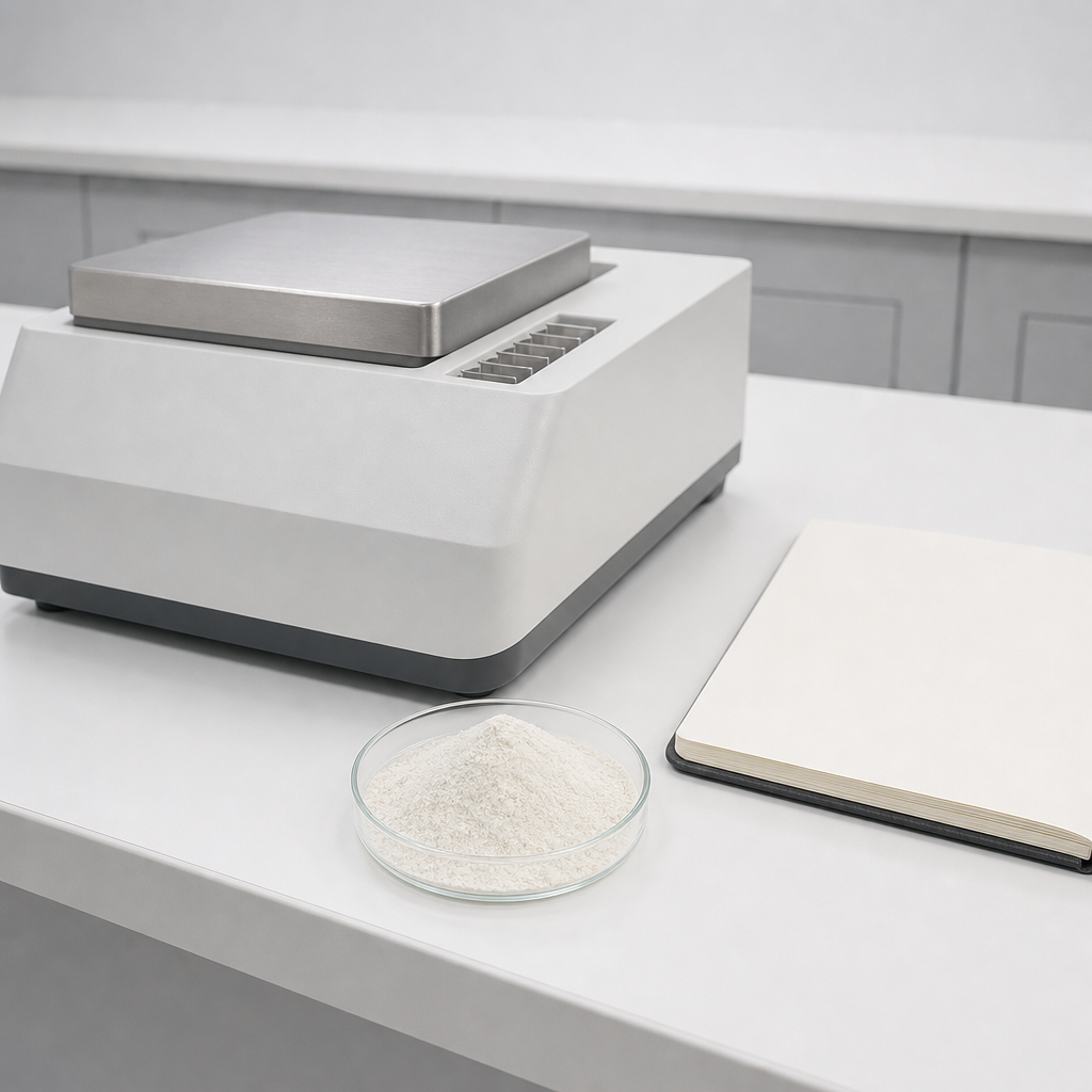 Quality-control laboratory bench with a bench-top analytical instrument, a glass dish of off-white sturgeon collagen peptide powder and a blank notebook