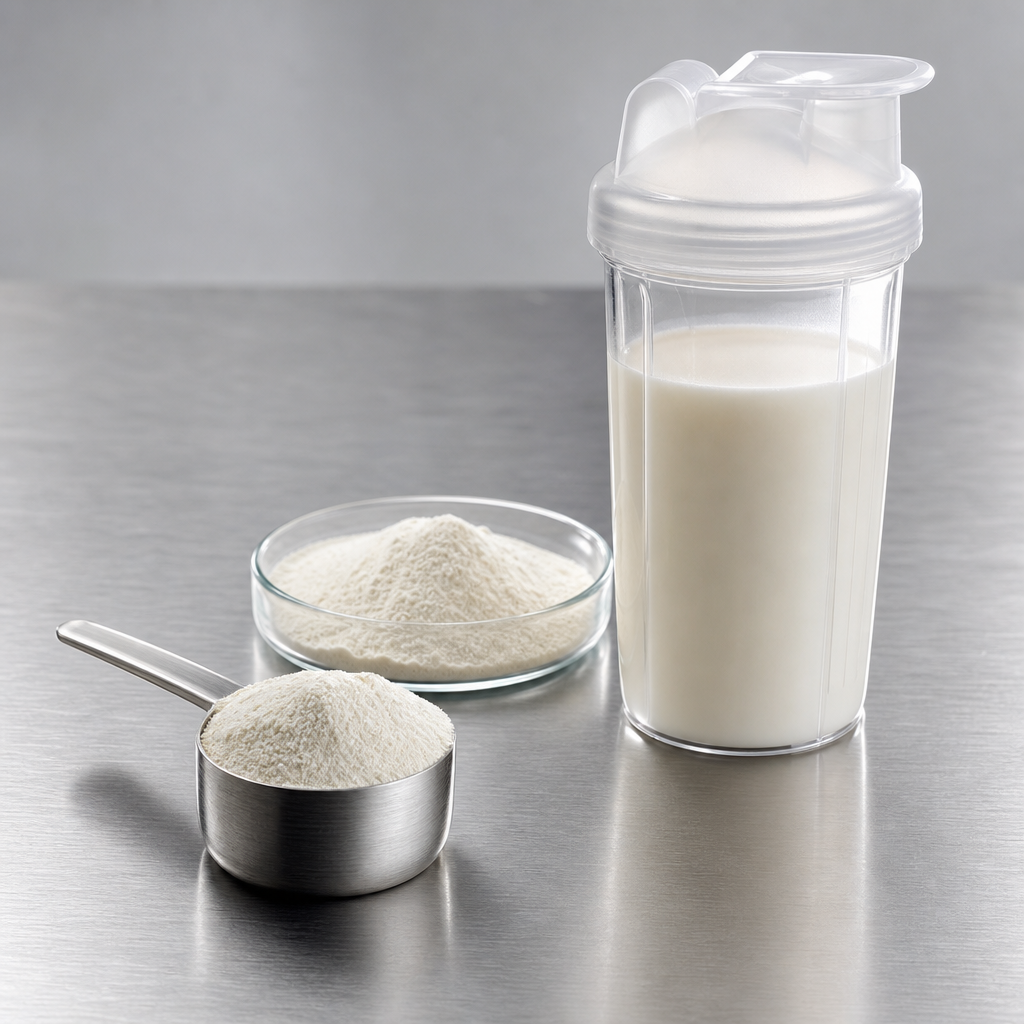 Fine white to off-white sturgeon collagen peptide powder in a steel scoop beside a sports nutrition shaker bottle