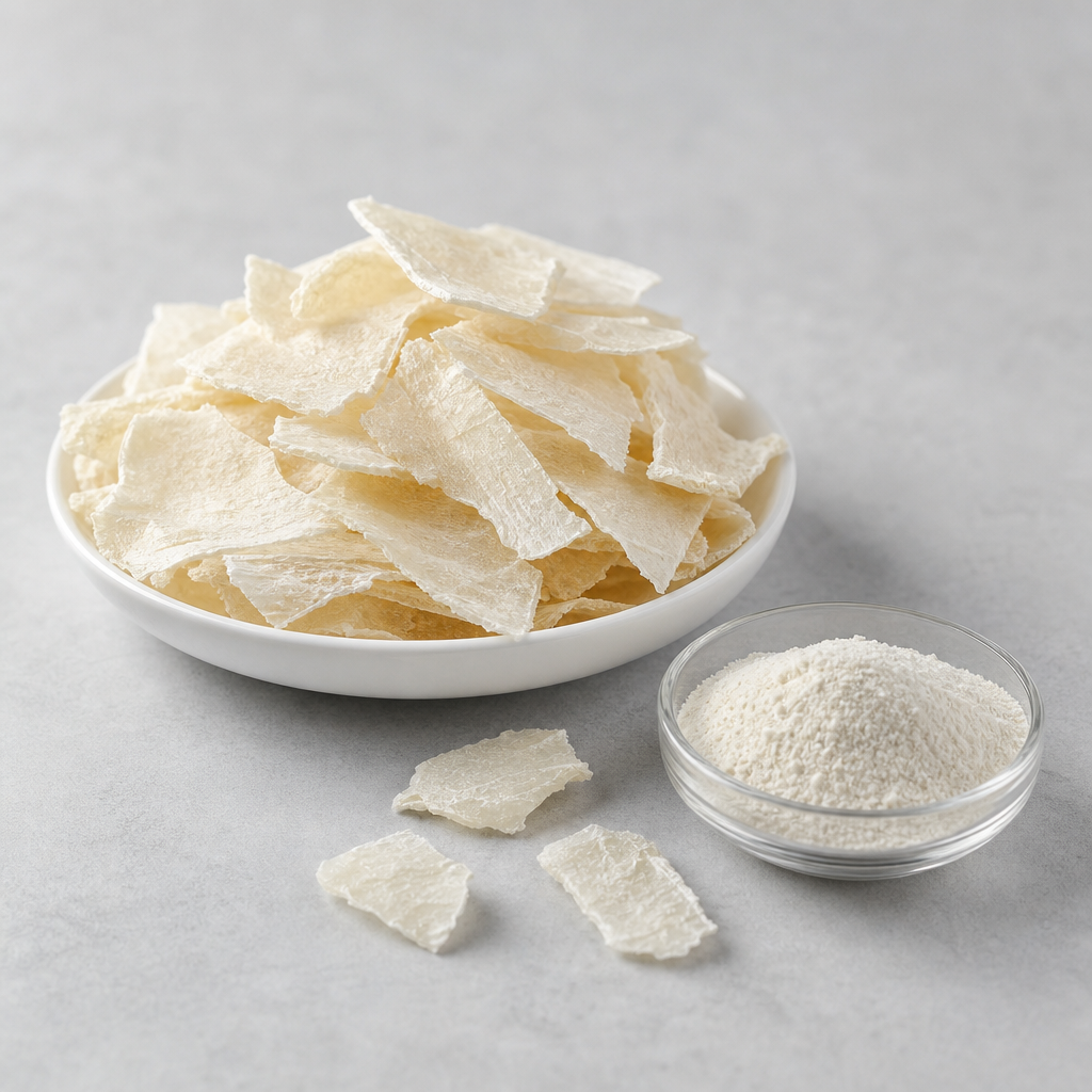 Dried off-white sturgeon skin collagen pieces in a white ceramic dish beside a glass dish of fine collagen peptide powder