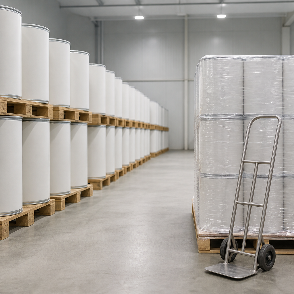 Ingredient warehouse aisle at eye level with white fibre drums stacked two high on plain wooden pallets receding into depth along the left, a fully shrink-wrapped pallet of drums on the right and a bare stainless steel hand truck in the foreground