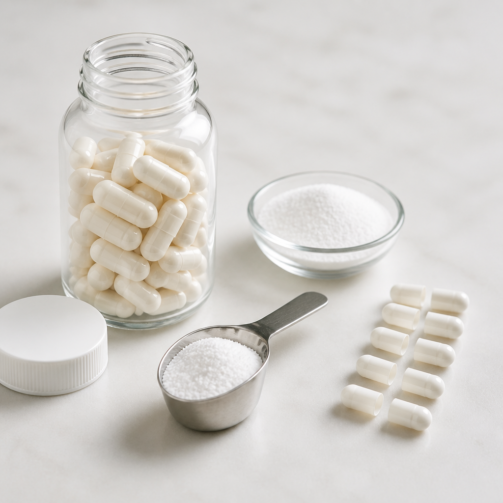 Clear glass jar filled with plain white two-piece capsules beside its cap on a clean light worktop, with a small stainless steel scoop of fine white crystalline powder over a glass dish and a row of empty white capsules