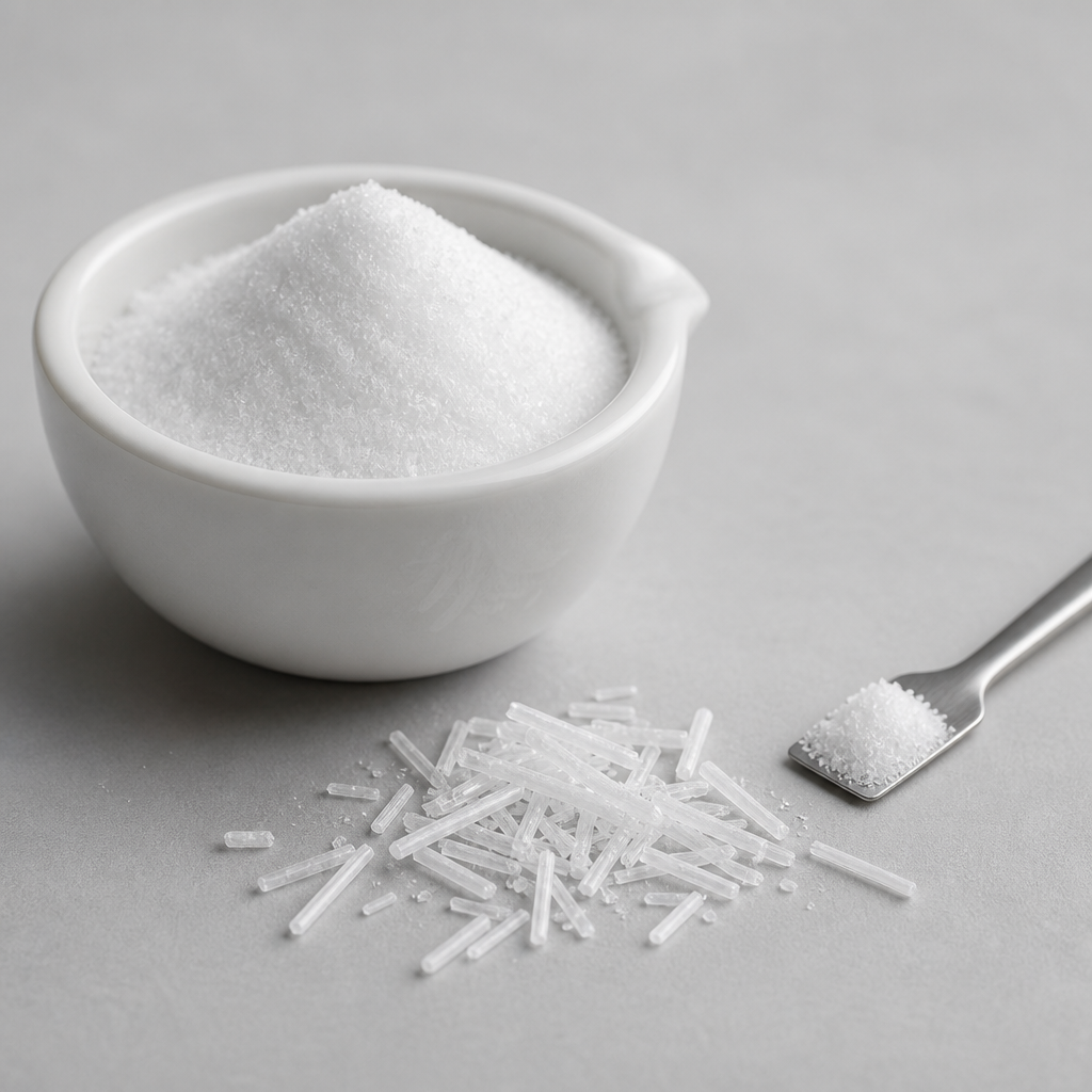 Fine white crystalline taurine powder mounded in a small white porcelain mortar, with a fan of slender white needle-like crystals scattered on the neutral surface beside it and a stainless steel micro spatula holding a ridge of the same powder