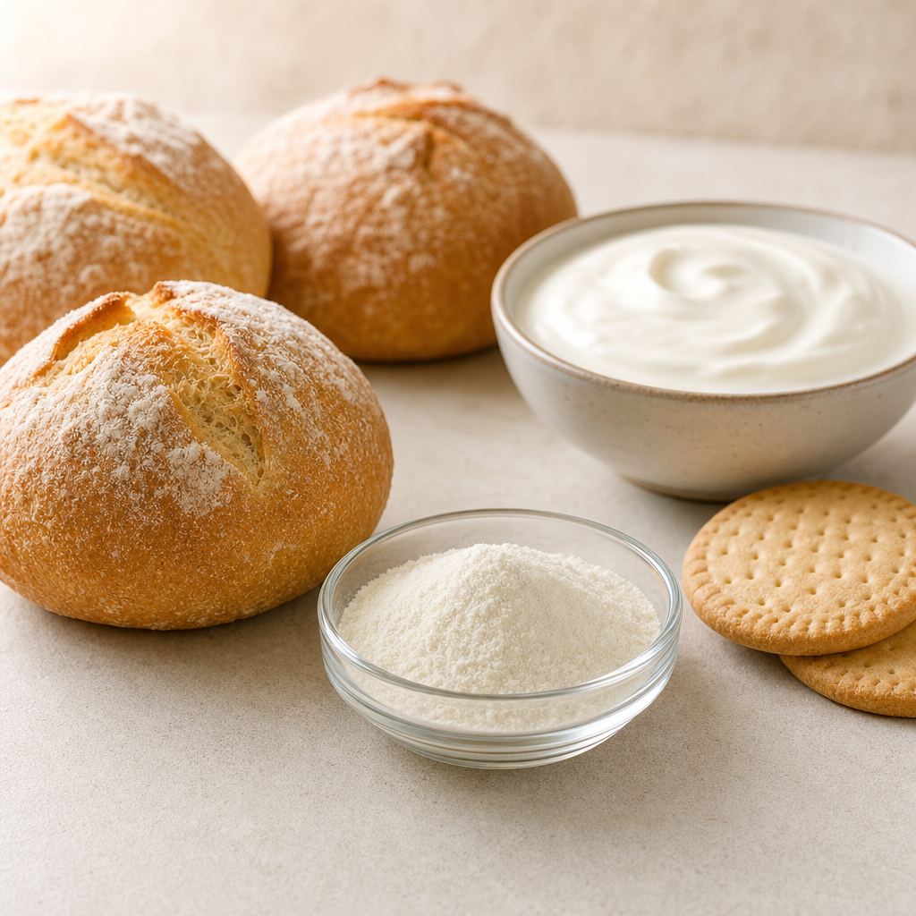 Fine white to off-white tuna collagen peptide powder in a glass dish beside baked bread rolls and a dairy-style cream
