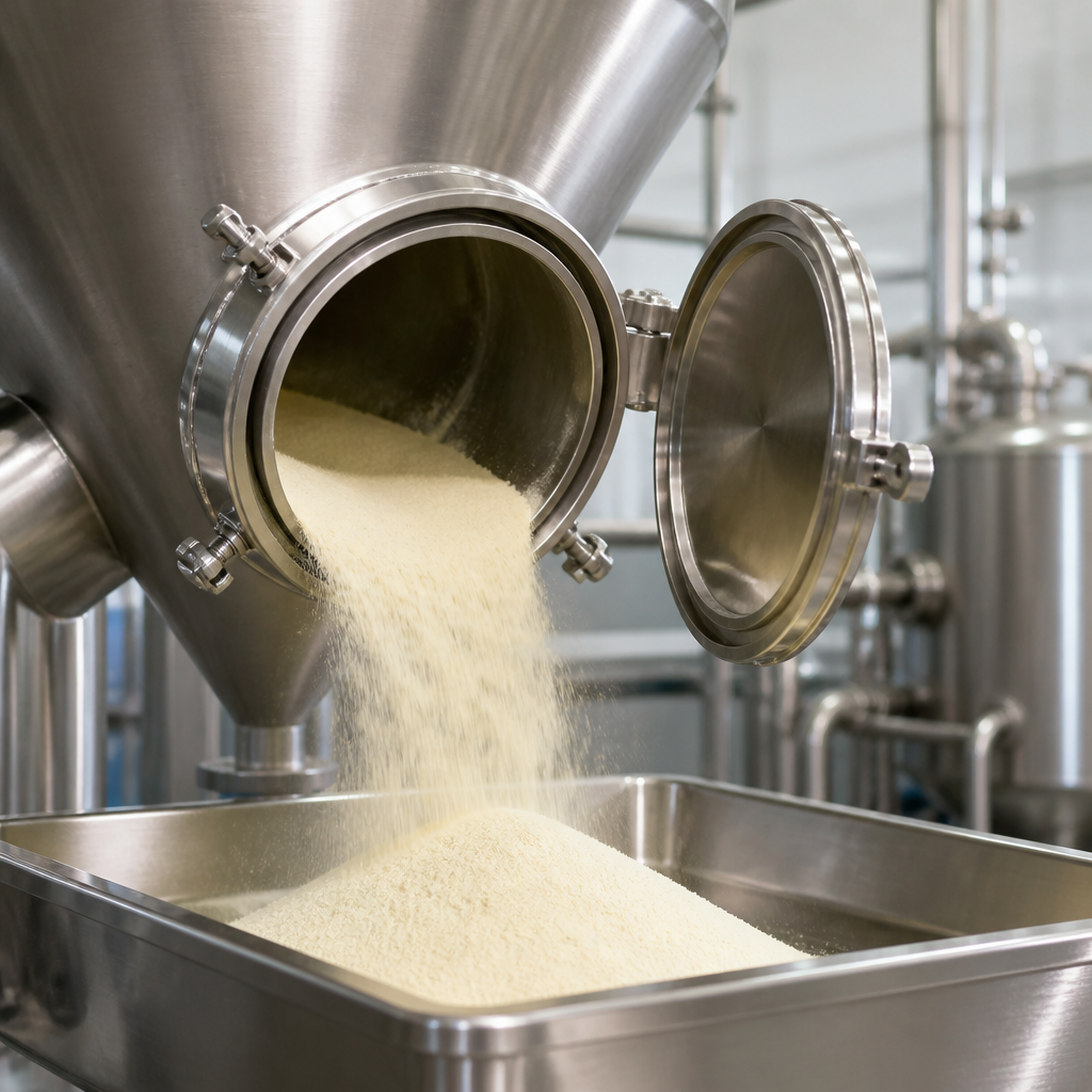 Stainless steel conical vacuum dryer with its circular discharge hatch swung open, fine off-white to light-yellow powder streaming from the hatch into a polished stainless steel receiving tray inside a bright hygienic processing plant