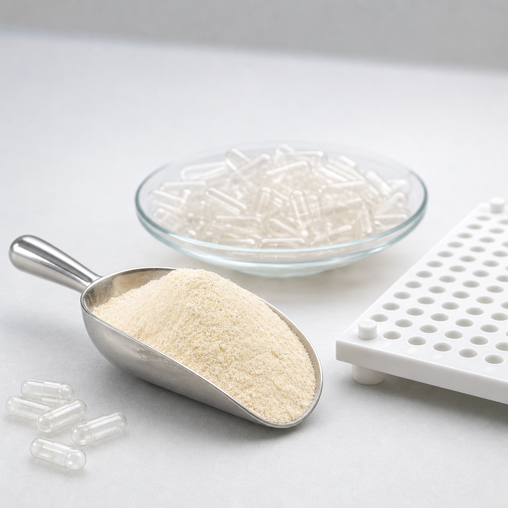 Stainless steel scoop heaped with fine off-white to light-yellow powder in the foreground, with a shallow clear glass dish of transparent empty two-piece capsules and a white capsule-filling tray on a spotless pale worktop