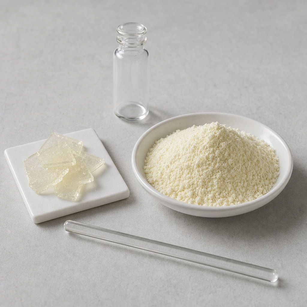 Fine off-white to light-yellow Vitamin D2 powder mounded in a shallow white ceramic dish with a few larger flat translucent pale crystals resting on a plain white ceramic tile, a straight glass stirring rod laid across the foreground and a small closed clear glass vial standing behind on a soft neutral light-grey surface