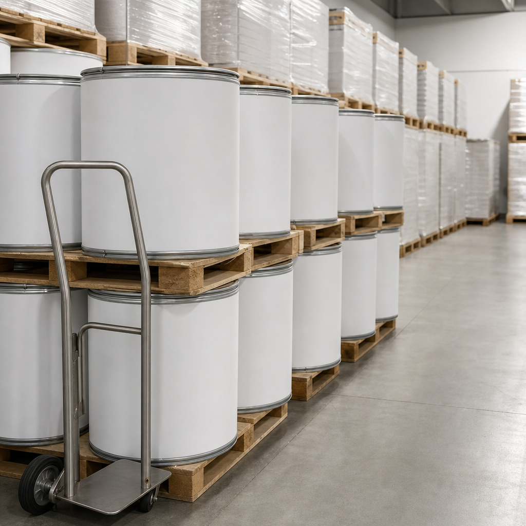 Neatly stacked white fibre drums on wooden pallets receding in rows through an ingredient warehouse with shrink-wrapped pallets and a stainless steel hand truck