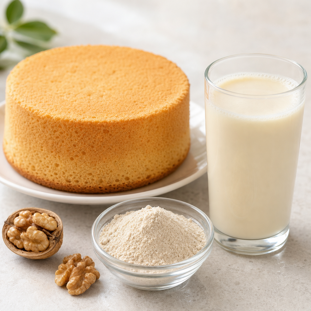 A plain unfrosted sponge cake on a white plate and a glass of milky dairy-style drink beside a small glass dish of fine light-cream walnut peptide powder with walnut kernels on a light neutral surface