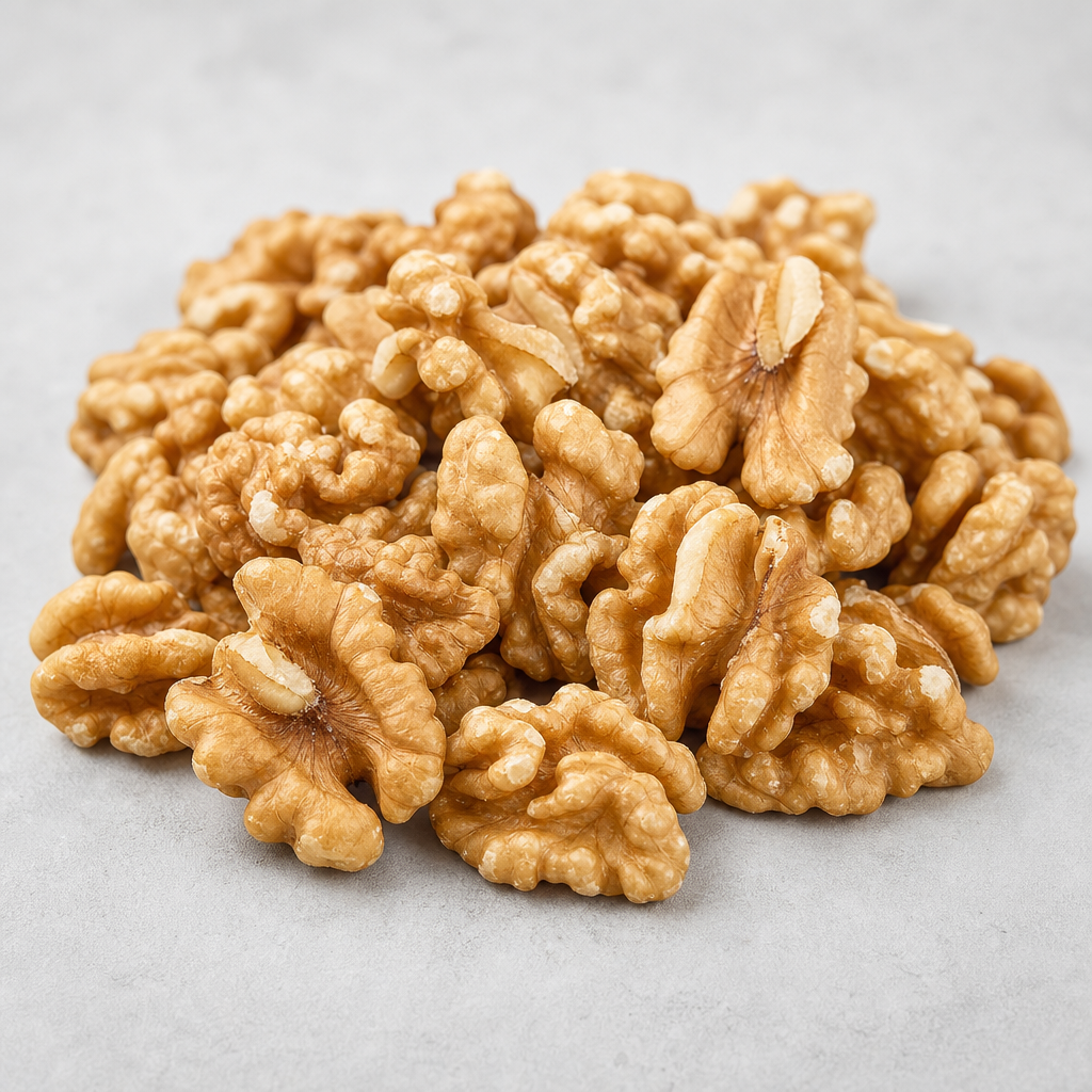 Shelled walnut kernels (Juglans regia), pale tan to light brown wrinkled kernels with deep ridges, a few cracked open to show their natural lobed structure, in an overlapping pile on a neutral light-grey surface