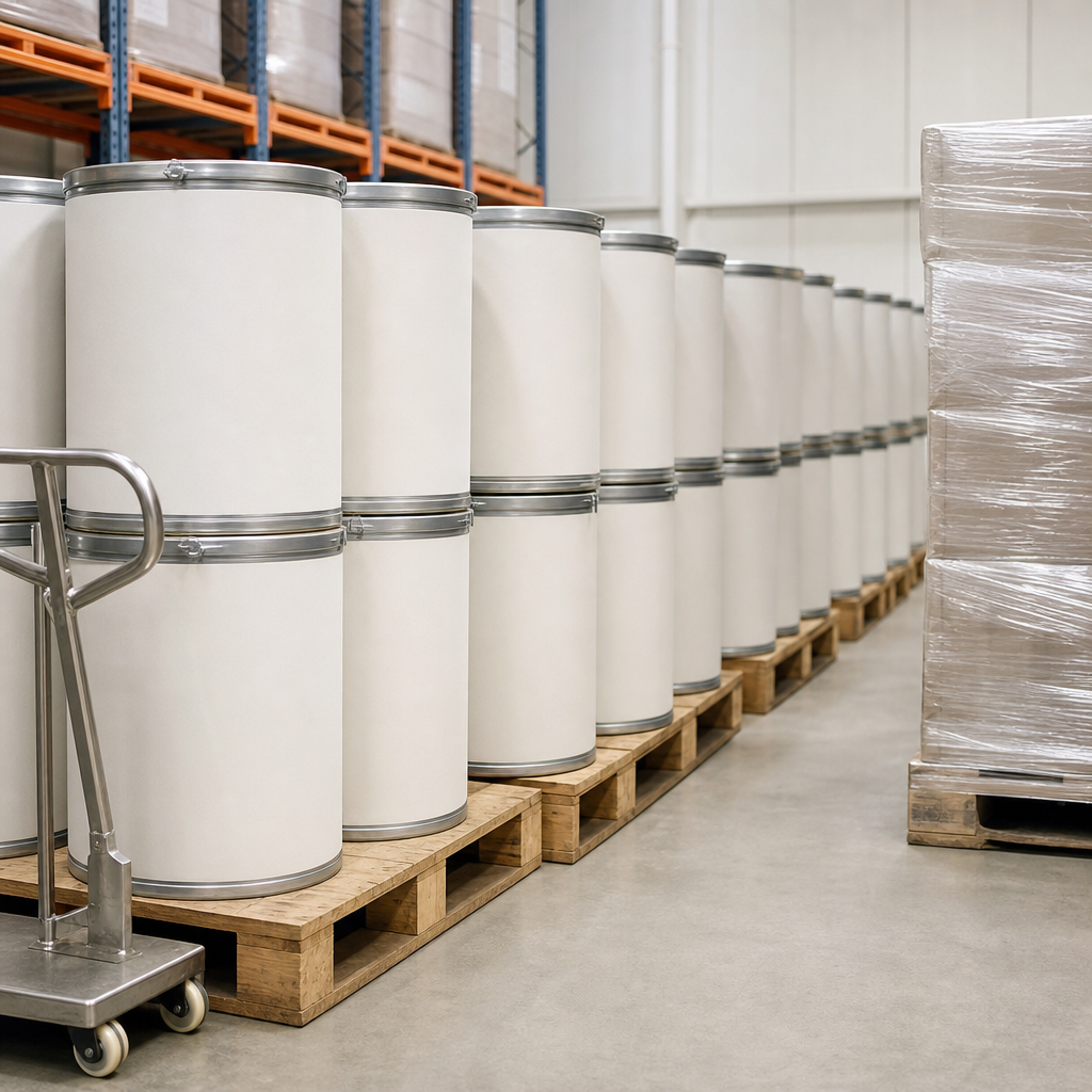 Neatly stacked white fibre drums on wooden pallets with a shrink-wrapped pallet and a stainless steel hand truck in a bright ingredient warehouse