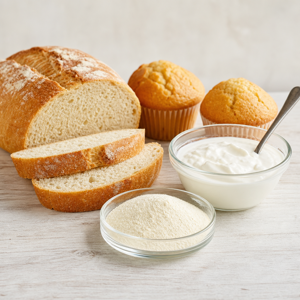 Sliced bread and two plain muffins beside a glass dish of fine off-white to cream powder and a bowl of a smooth dairy-style product on a light neutral surface
