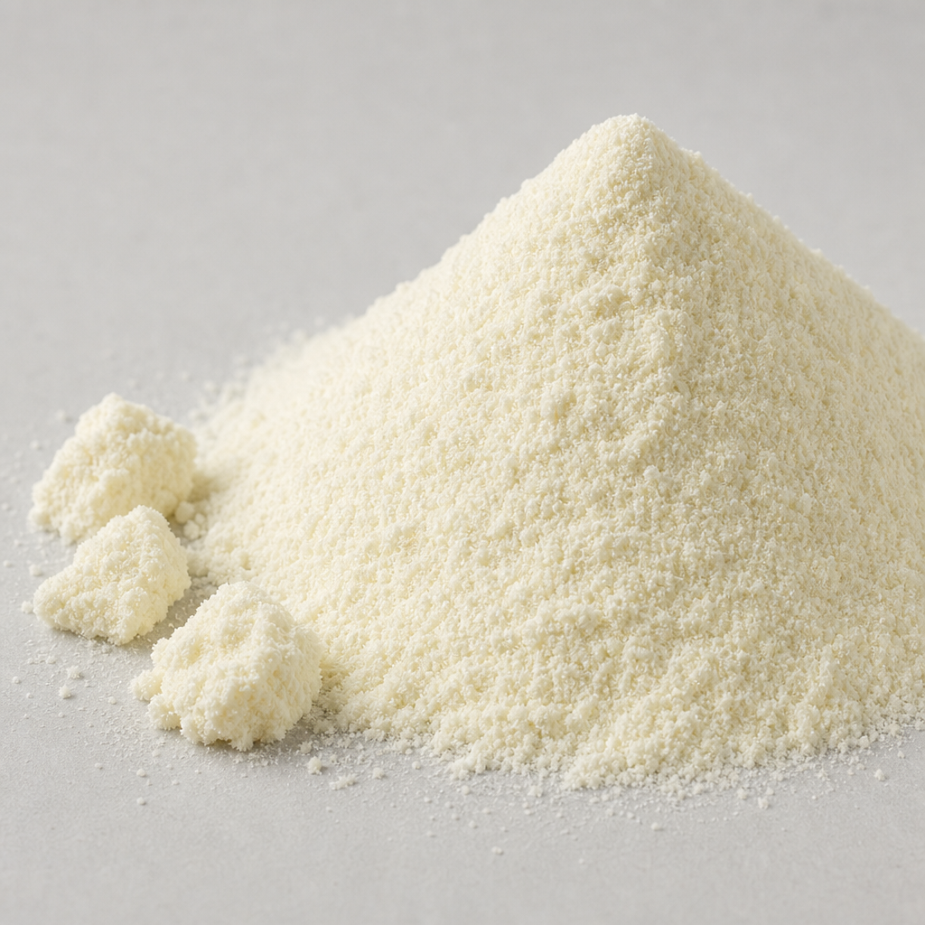A fine off-white to cream dairy protein powder heaped with a few soft loose clumps on a neutral light-grey surface