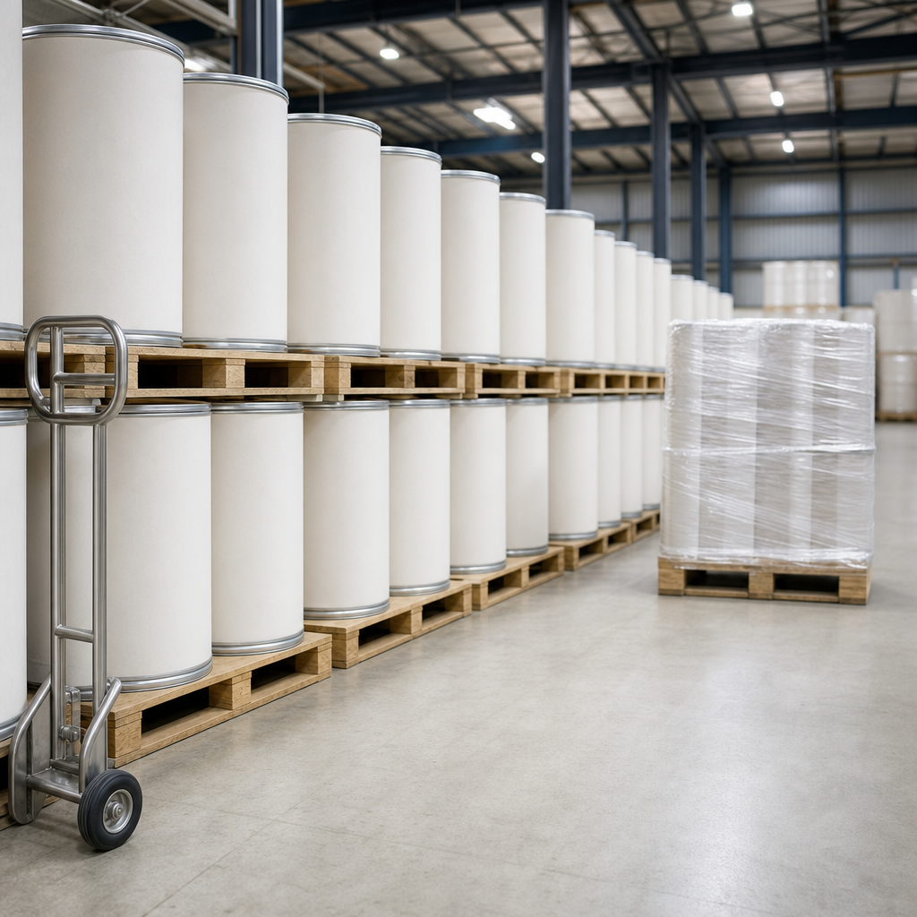 White fibre drums of yak bone collagen peptide stacked on pallets in the warehouse