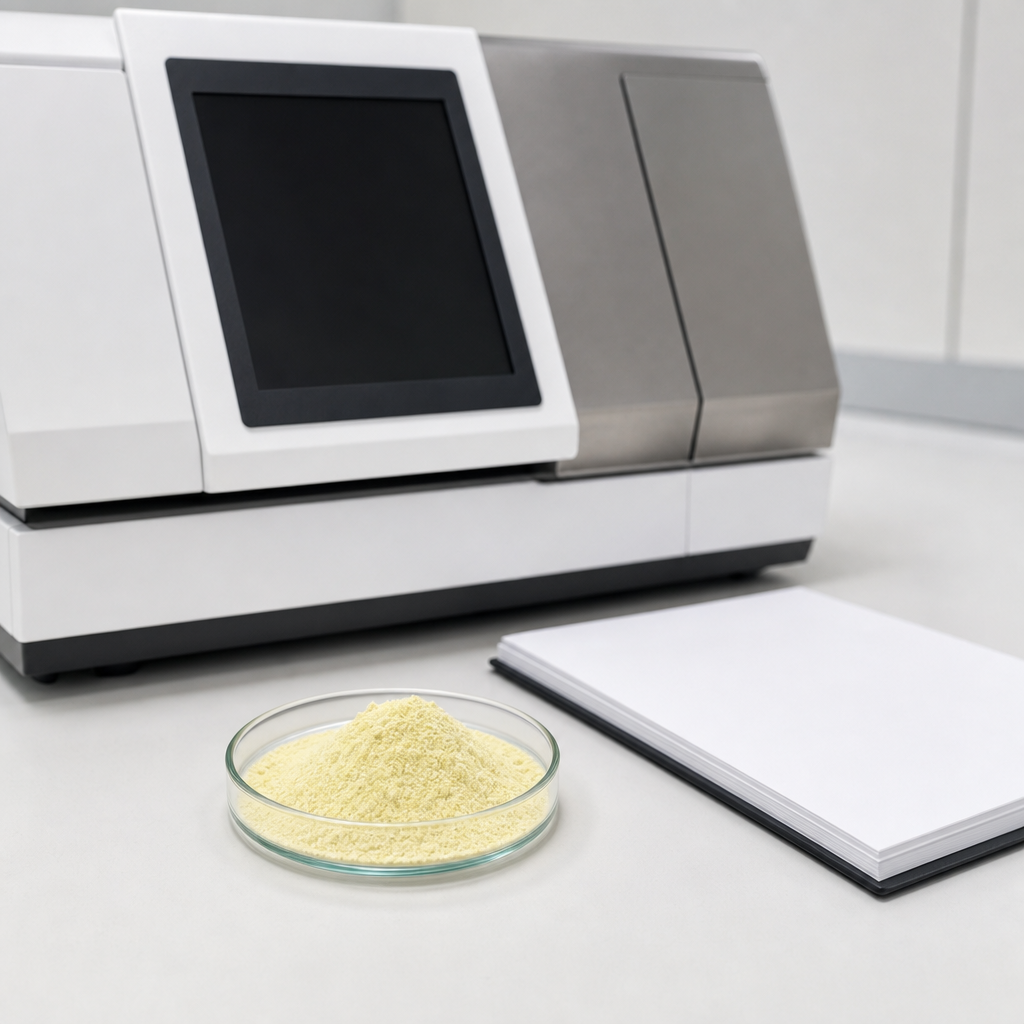 Quality-control laboratory bench with a glass dish of light-yellow yak bone marrow peptide powder