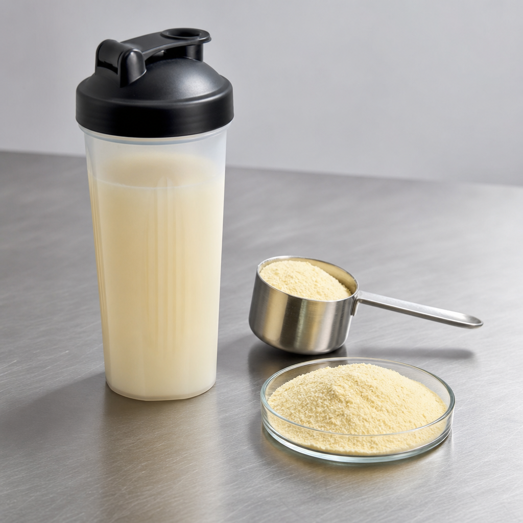 Yak bone marrow peptide powder in a stainless steel scoop beside a sports nutrition shaker