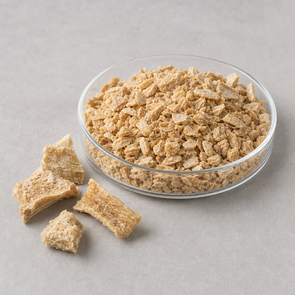 Dried yak bone marrow granules and broken pieces held in a clear glass dish