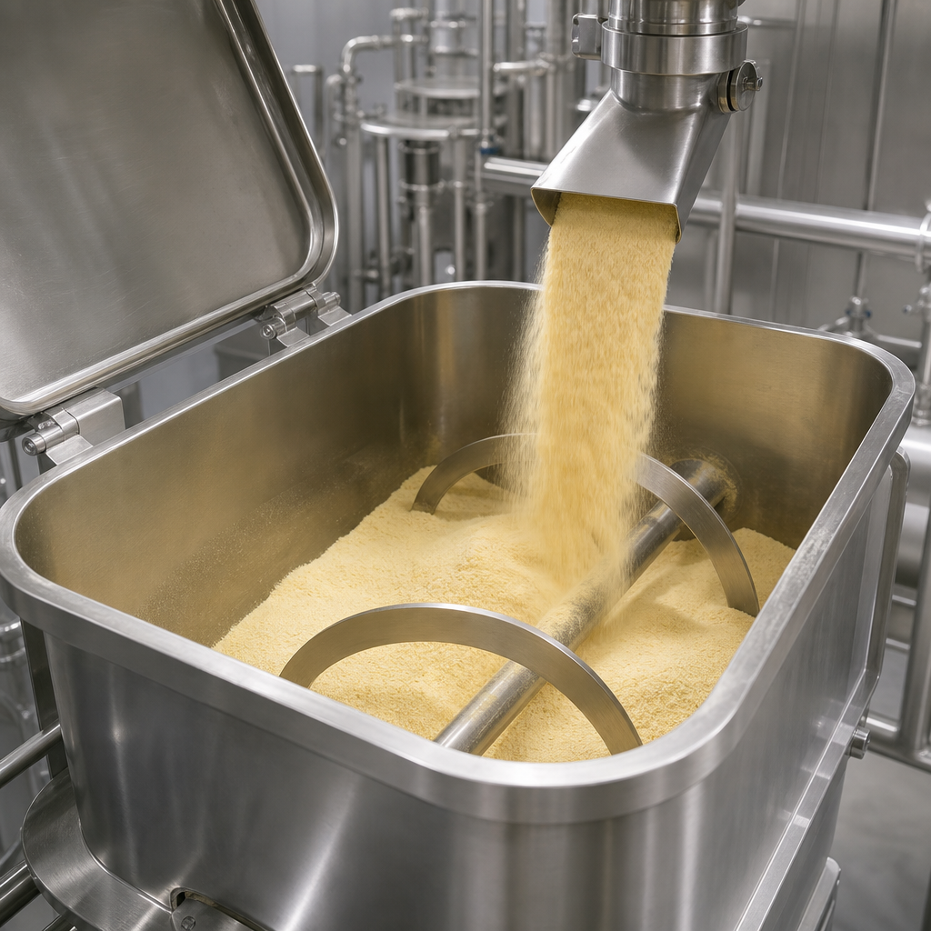Stainless steel blending vessel handling fine light-yellow yak brain marrow peptide powder