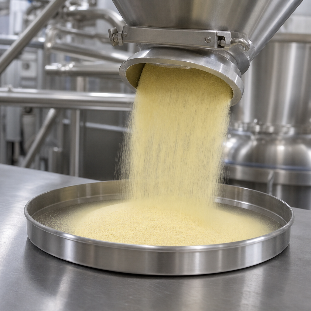 Stainless steel hopper discharging light-yellow yak spinal marrow peptide powder into a shallow tray