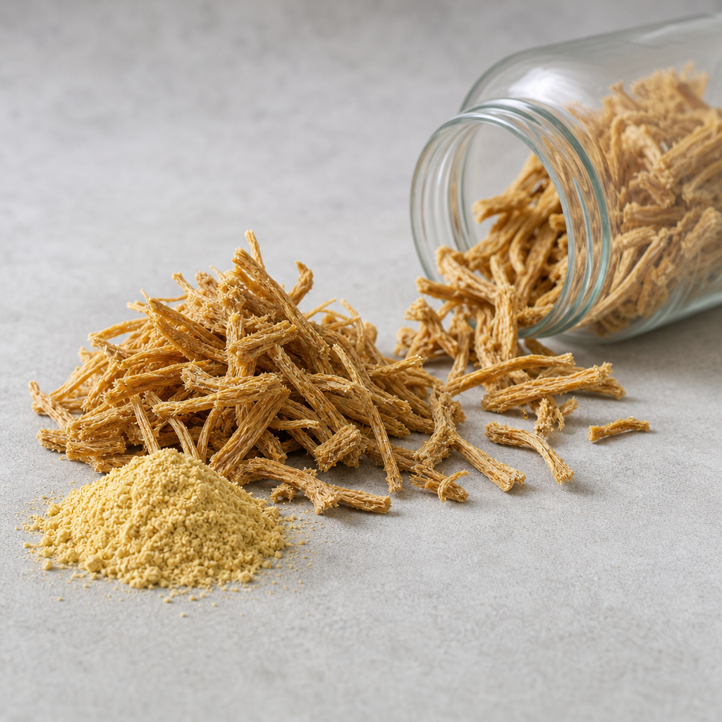 Dried yak spinal marrow fibrous strands spilling from an open plain glass jar