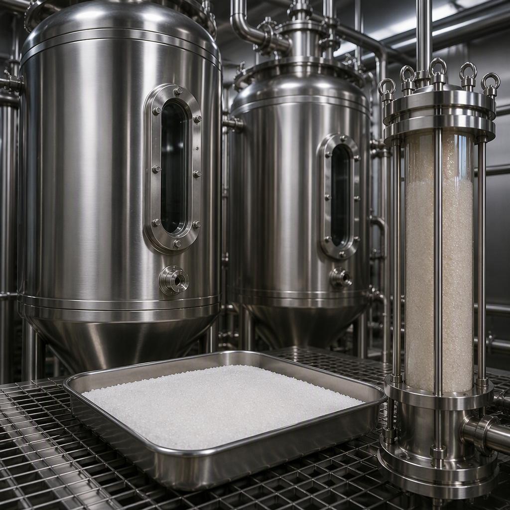 Powder tray beneath stainless fermentation vessels and an ion-exchange column