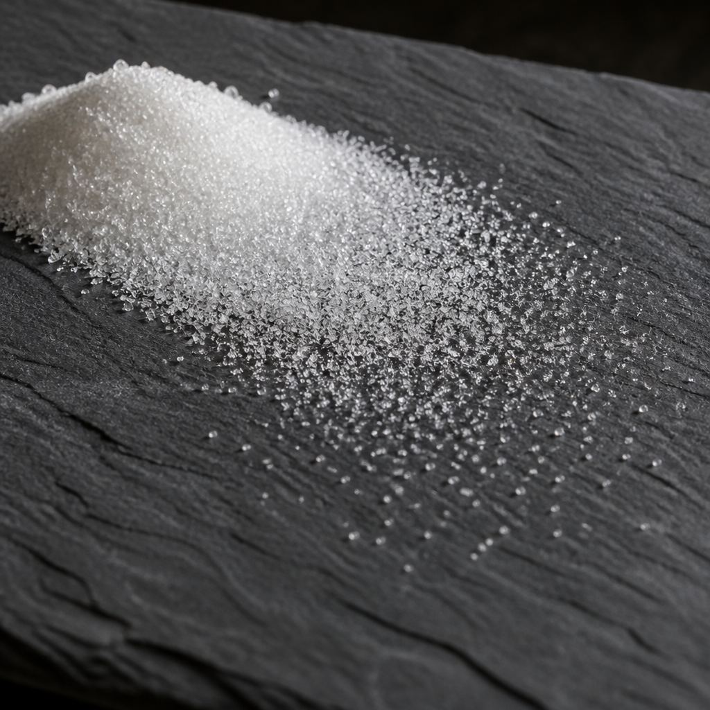 White 5-HTP crystals spread thin on a dark slate tile